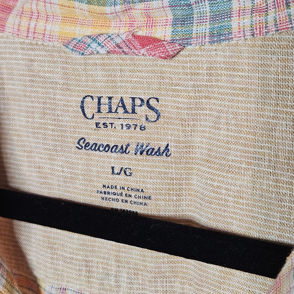 Chaps Seacoast Wash Linen Blend Plaid Button Shortsleeve Shirt Mens L Pride - Picture 3 of 5